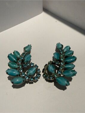 Vintage 1950s Blue Milk Glass Marquise Clip On Earrings Rhinestone Leaf Spray
